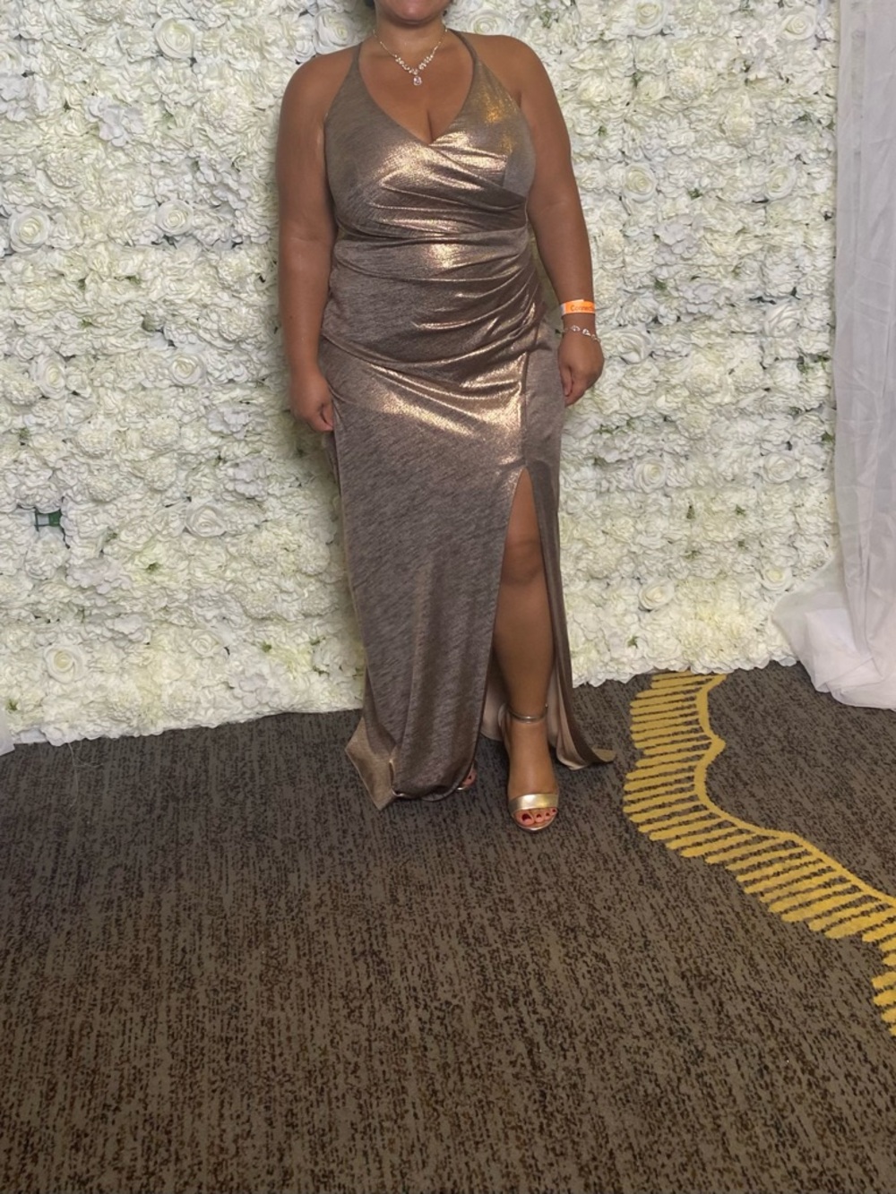 Eliza J Champagne Halter Evening Dress